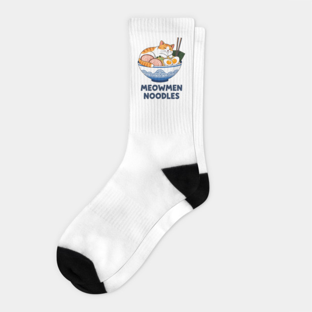 Meowmen Noodles – Happy Cat Ramen Bowl Foodie Art Socks by Designed By Marty