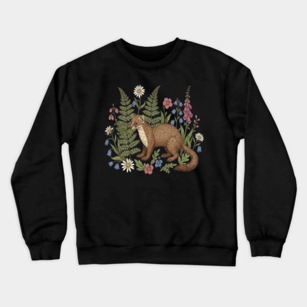 Vintage Pine Marten Forest Wildflowers Crewneck Sweatshirt by BirdsnStuff