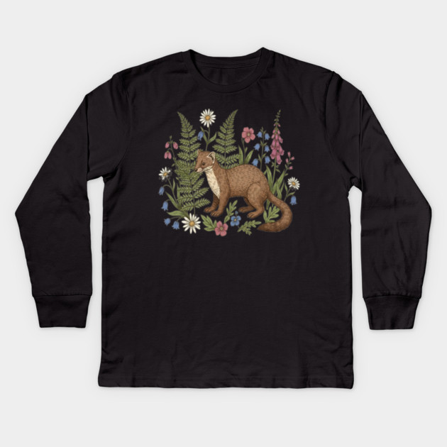 Vintage Pine Marten Forest Wildflowers Kids Long Sleeve T-Shirt by BirdsnStuff
