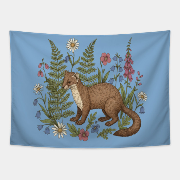 Vintage Pine Marten Forest Wildflowers Tapestry by BirdsnStuff