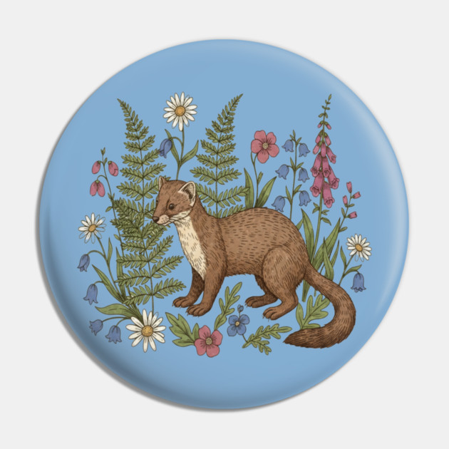 Vintage Pine Marten Forest Wildflowers Pin by BirdsnStuff
