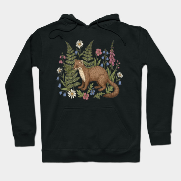 Vintage Pine Marten Forest Wildflowers Hoodie by BirdsnStuff