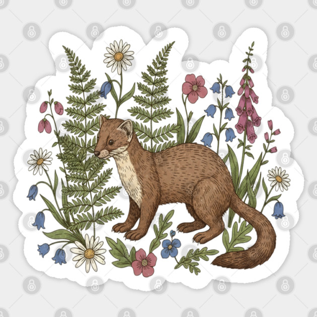 Vintage Pine Marten Forest Wildflowers Sticker by BirdsnStuff