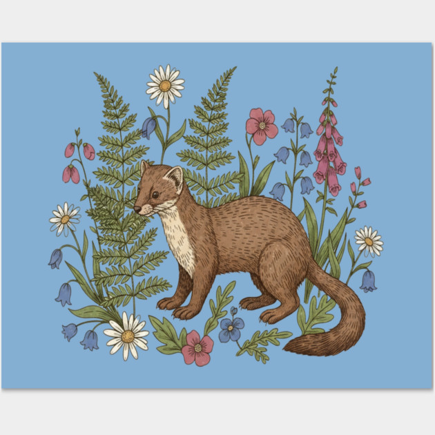 Vintage Pine Marten Forest Wildflowers Wall Art by BirdsnStuff