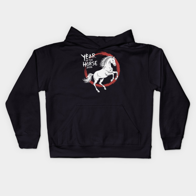 Year of The Horse 2026 Chinese Zodiac Ink Brush Stroke Kids Hoodie by Chi's Store 1