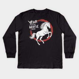 Year of The Horse 2026 Chinese Zodiac Ink Brush Stroke Kids Long Sleeve T-Shirt