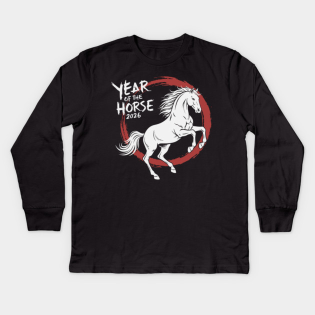 Year of The Horse 2026 Chinese Zodiac Ink Brush Stroke Kids Long Sleeve T-Shirt by Chi's Store 1