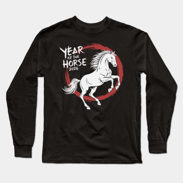 Year of The Horse 2026 Chinese Zodiac Ink Brush Stroke Long Sleeve T-Shirt by Chi's Store 1