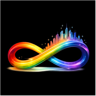 Infinity City Pride Art | Rainbow Infinity Loop LGBTQ+ Graphic | Aesthetic Inclusive Urban Skyline Decor Posters and Art