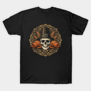 Thanksgiving Pilgrim Skull Vintage Harvest Macabre Skeleton Holiday T-Shirt