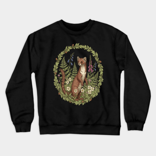Vintage Pine Marten Woodland Flowers Crewneck Sweatshirt by BirdsnStuff