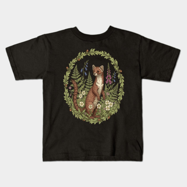 Vintage Pine Marten Woodland Flowers Kids T-Shirt by BirdsnStuff