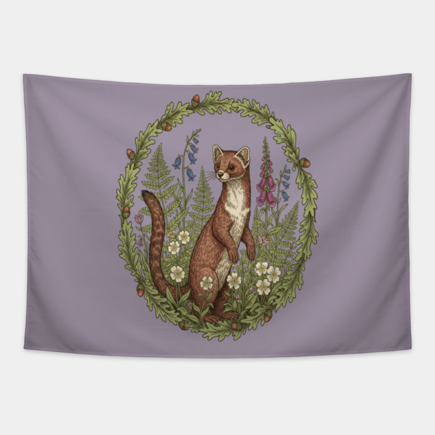 Vintage Pine Marten Woodland Flowers Tapestry by BirdsnStuff