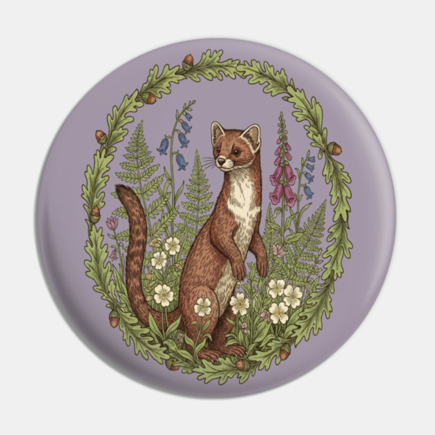 Vintage Pine Marten Woodland Flowers Pin by BirdsnStuff