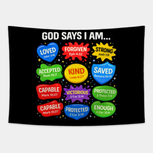 Colorful “God Says I Am” Bible Verse Design Tapestry
