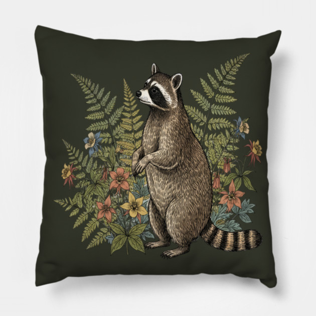 Vintage Raccoon and Wild Ferns Pillow by BirdsnStuff