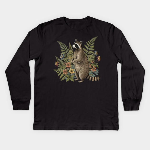 Vintage Raccoon and Wild Ferns Kids Long Sleeve T-Shirt by BirdsnStuff