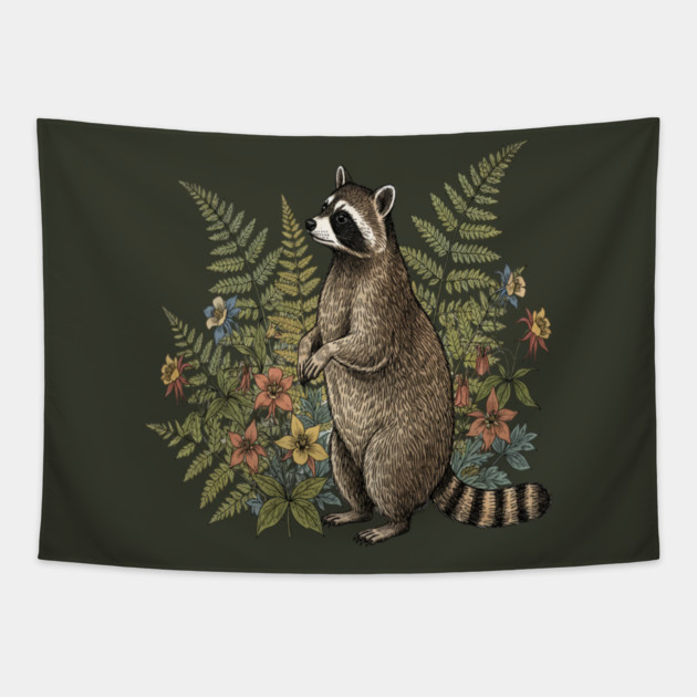 Vintage Raccoon and Wild Ferns Tapestry by BirdsnStuff