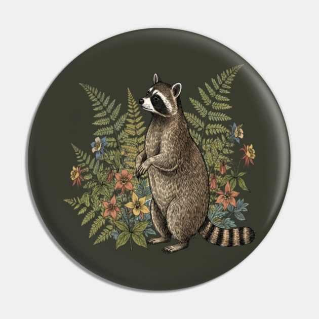 Vintage Raccoon and Wild Ferns Pin by BirdsnStuff