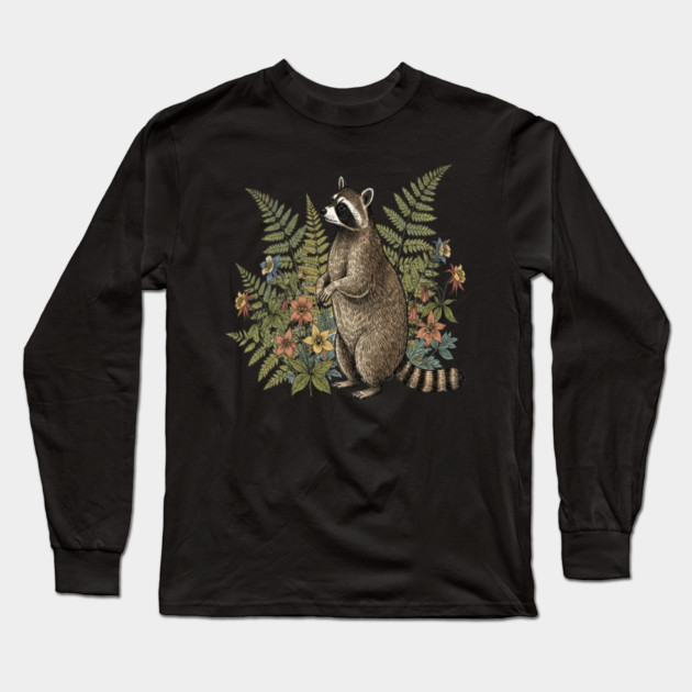 Vintage Raccoon and Wild Ferns Long Sleeve T-Shirt by BirdsnStuff