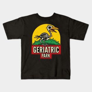 GERIATRIC PARK Funny Ostrich Skeleton Silhouette Aged Animal Sanctuary Cute Elderly Graphic Kids T-Shirt