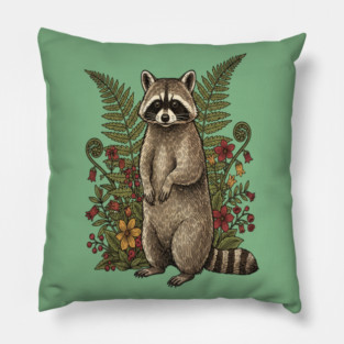 Vintage Raccoon and Forest Blooms Pillow