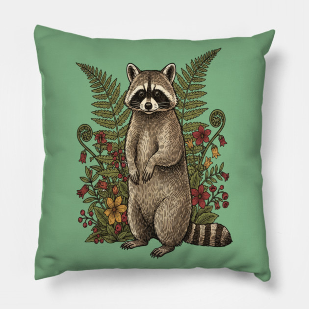 Vintage Raccoon and Forest Blooms Pillow by BirdsnStuff