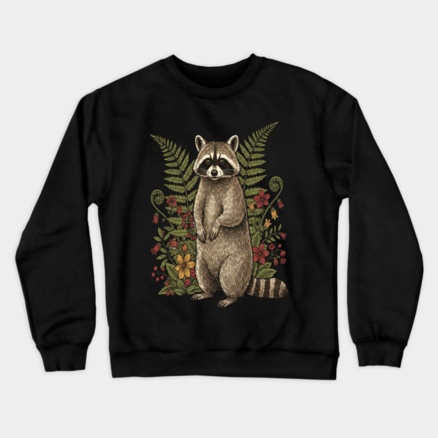 Vintage Raccoon and Forest Blooms Crewneck Sweatshirt by BirdsnStuff