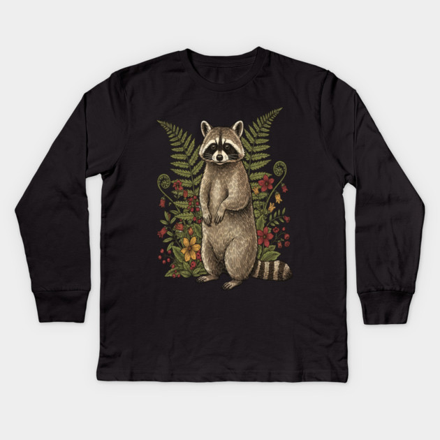 Vintage Raccoon and Forest Blooms Kids Long Sleeve T-Shirt by BirdsnStuff