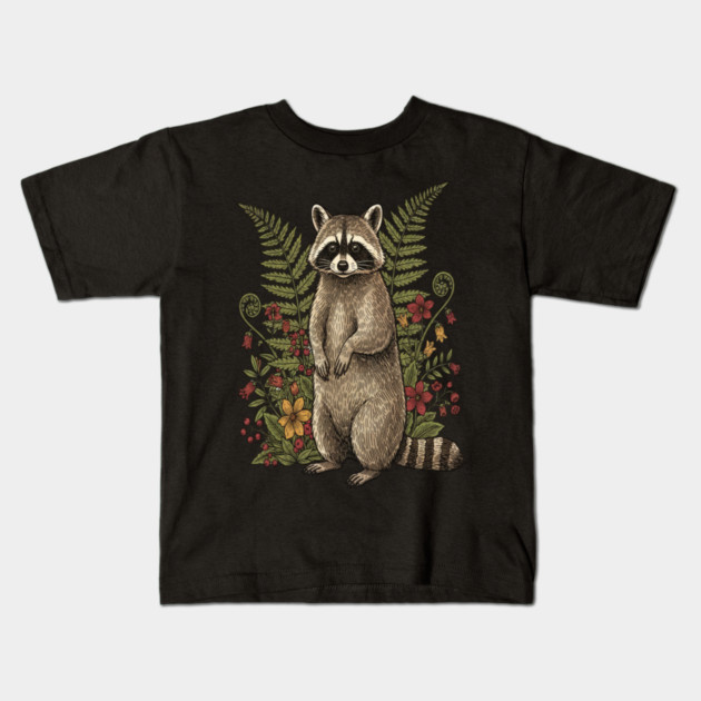 Vintage Raccoon and Forest Blooms Kids T-Shirt by BirdsnStuff