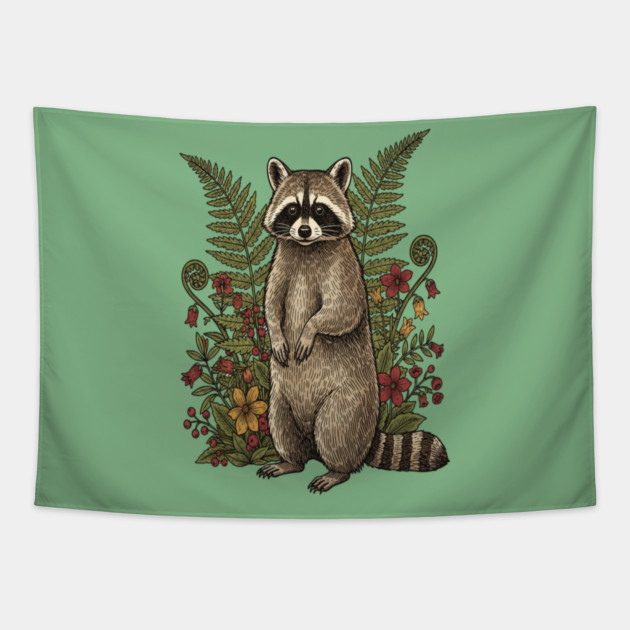 Vintage Raccoon and Forest Blooms Tapestry by BirdsnStuff