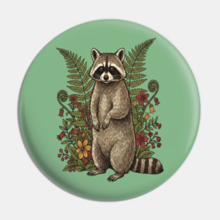 Vintage Raccoon and Forest Blooms Pin