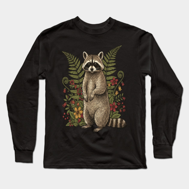 Vintage Raccoon and Forest Blooms Long Sleeve T-Shirt by BirdsnStuff