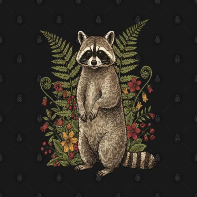 Vintage Raccoon and Forest Blooms by BirdsnStuff