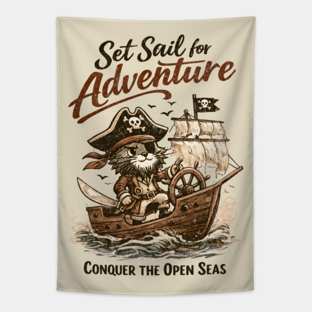 Set Sail for Adventure Cat Pirate Tapestry by Champanie's Store