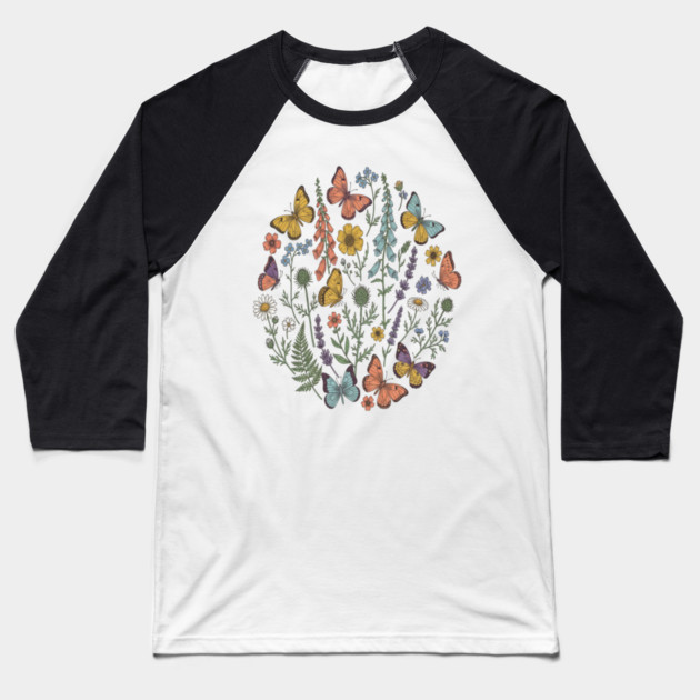 Delicate Butterfly and Wildflower Garden Baseball T-Shirt by BirdsnStuff