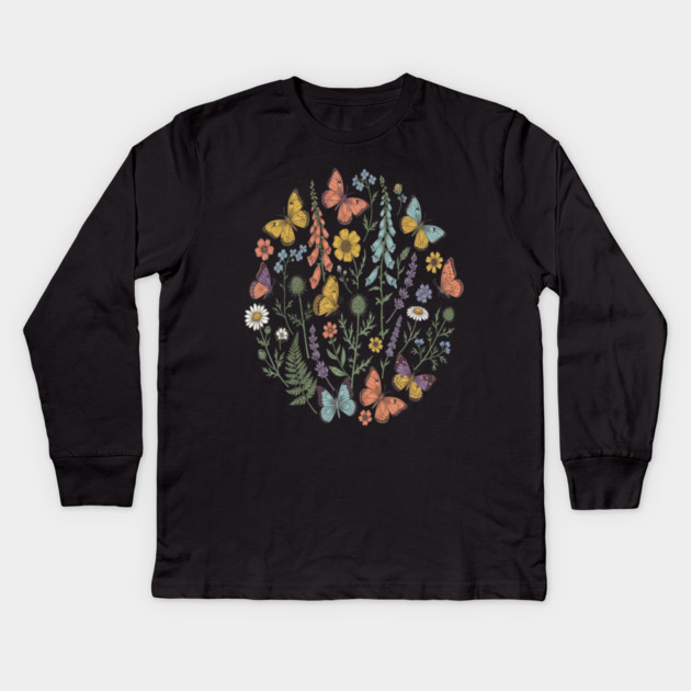 Delicate Butterfly and Wildflower Garden Kids Long Sleeve T-Shirt by BirdsnStuff