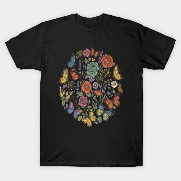 Vintage Botanical Butterfly Garden Meadow T-Shirt by BirdsnStuff