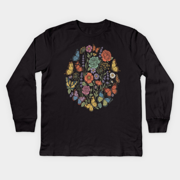 Vintage Botanical Butterfly Garden Meadow Kids Long Sleeve T-Shirt by BirdsnStuff