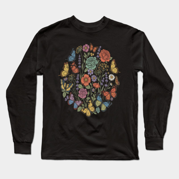 Vintage Botanical Butterfly Garden Meadow Long Sleeve T-Shirt by BirdsnStuff
