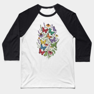 Vintage Wildflower Butterfly Garden Illustration Baseball T-Shirt
