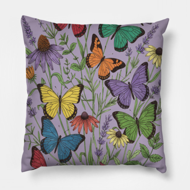 Vintage Wildflower Butterfly Garden Illustration Pillow by BirdsnStuff