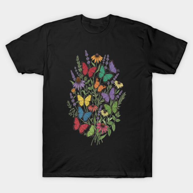 Vintage Wildflower Butterfly Garden Illustration T-Shirt by BirdsnStuff