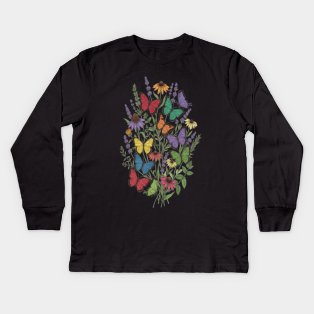 Vintage Wildflower Butterfly Garden Illustration Kids Long Sleeve T-Shirt by BirdsnStuff