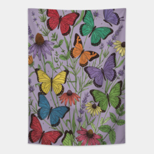 Vintage Wildflower Butterfly Garden Illustration Tapestry
