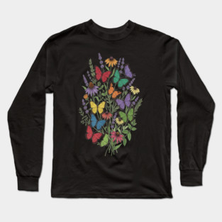Vintage Wildflower Butterfly Garden Illustration Long Sleeve T-Shirt
