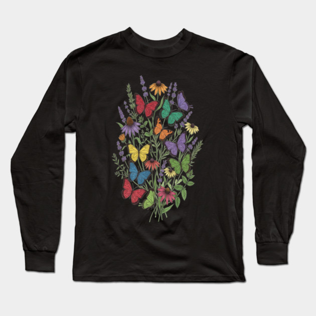 Vintage Wildflower Butterfly Garden Illustration Long Sleeve T-Shirt by BirdsnStuff