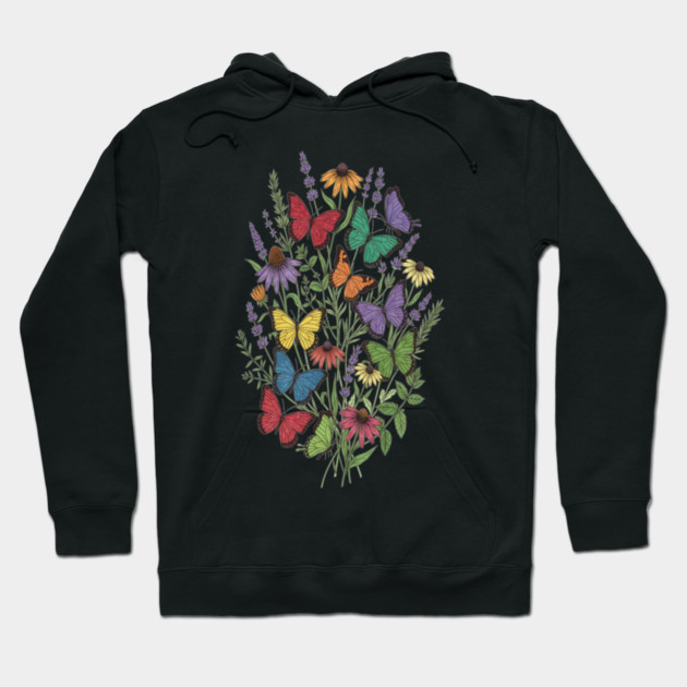 Vintage Wildflower Butterfly Garden Illustration Hoodie by BirdsnStuff