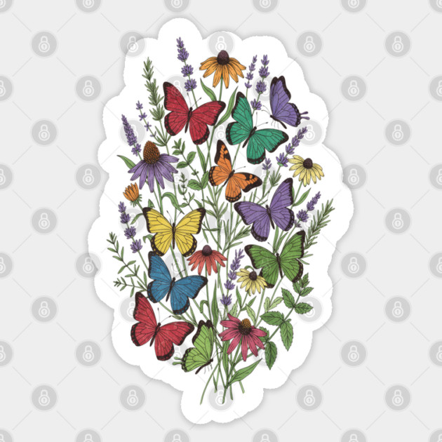Vintage Wildflower Butterfly Garden Illustration Sticker by BirdsnStuff