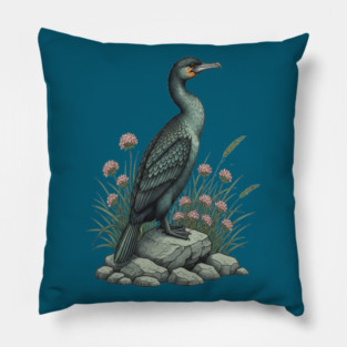 Vintage Coastal Double Crested Cormorant Bird Art Pillow